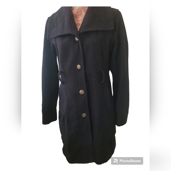 GUESS Los Angeles coat wool blend black trench Pre-owned Women’s large - Picture 1 of 8